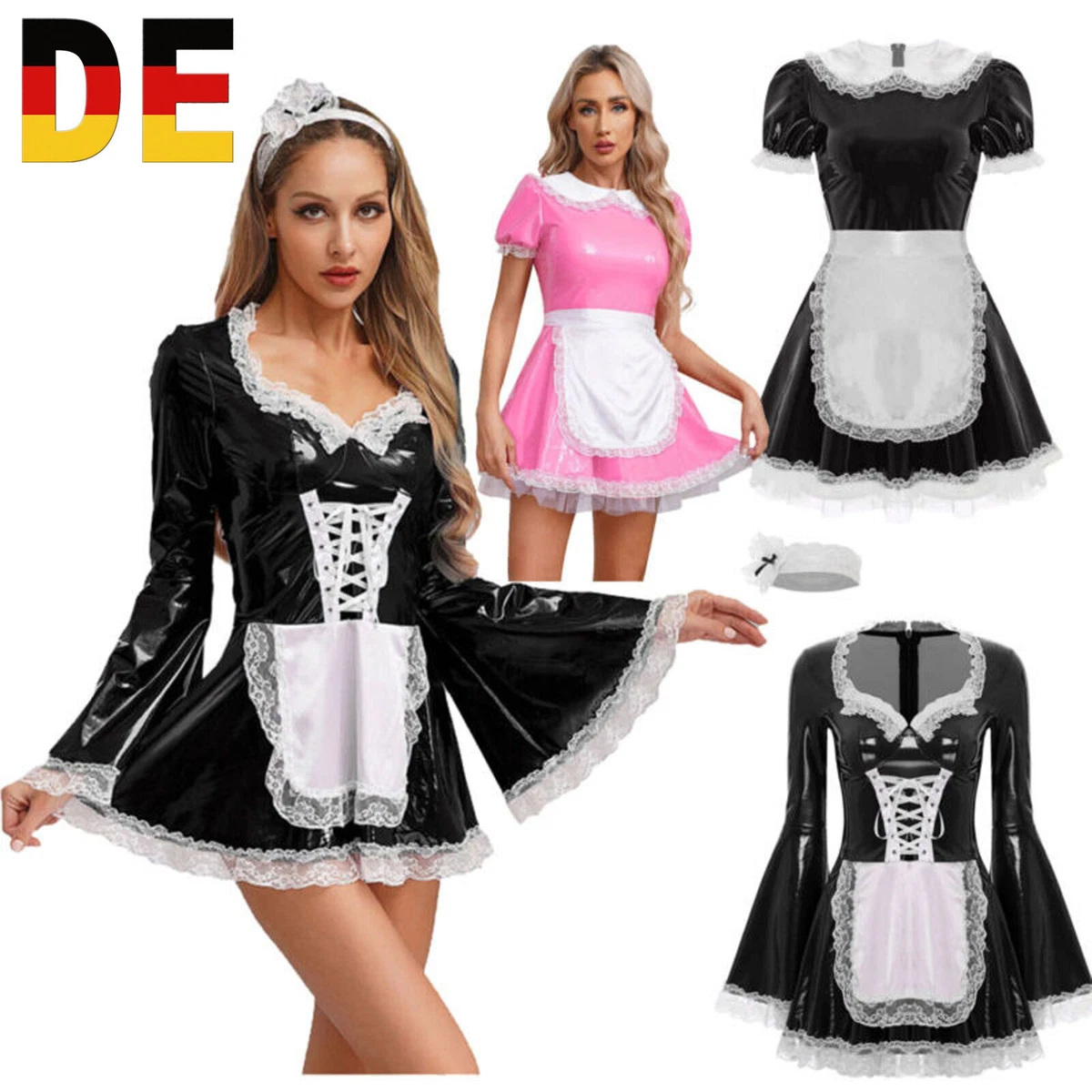 Freebily Damen Maid Kostüm Lackleder - Sexy Cosplay Outfit Für Karneval, Party & Rollenspiel