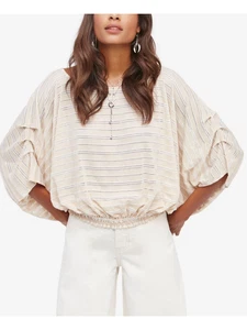 Free People Azalea Eyelet Stripe Dolman Top oversize relax loose fit Ivory Sz M - Picture 1 of 9