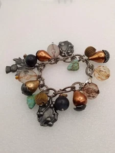 Charm Bracelet, Thistle Berries Acorns, Mixed Metals, Glass Beads, Multicolor 7" - Picture 1 of 8
