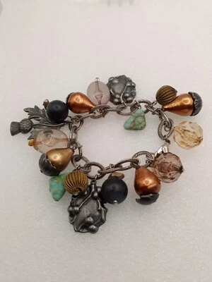 Charm Bracelet, Thistle Berries Acorns, Mixed Metals, Glass Beads, Multicolor 7" - Image 1 of 4