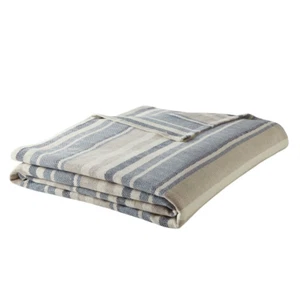 Bed Blanket Full / Queen Blue Cotton Woven Herringbone Pattern Machine Washable - Picture 1 of 12