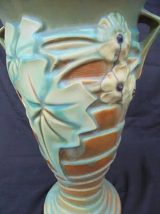 ROSEVILLE Art Pottery BROWN & GREEN LUFFA FLOOR VASE 691-12"  with FOIL LABEL - Picture 1 of 9