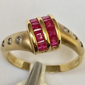 Q11520, neu 14k massiv Gelbgold Y/G echter Rubin Diamantring, Baguette, Gr.-7 - Bild 1 von 10