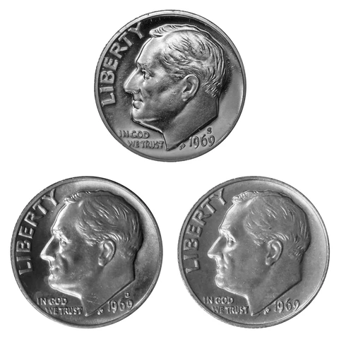 1969 P D S Roosevelt Dime 10c Year set Proof & BU US 3 Coin lot Cover