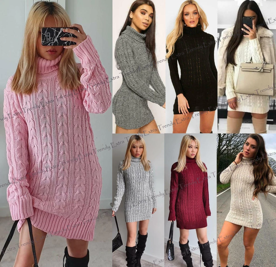 Women's Ladies Chunky Cable Knitted High Roll Neck Long Bodycon Jumper Dress Top - Image 1 of 1