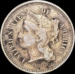 1867 3C Nickel Three-Cent Piece Uncertified Circulated - Picture 1 of 2