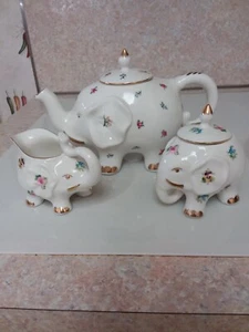 Grace's Teaware Elephant Shaped Floral Pattern Tea Pot, Sugar and Creamer Set - Picture 1 of 19