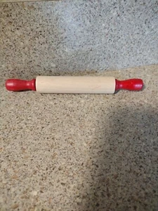 Vintage Children's Red Handle Wooden Miniature Kitchen Rolling Pin 7" - Picture 1 of 2