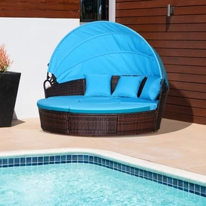 Outdoor Convertible Daybed, 4pc Furniture Set, Sofa, Coffee Table, Chairs, Beige - Picture 1 of 11
