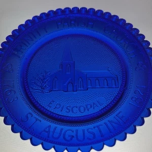 St Augustine FL Trinity Parish VTG Cobalt Blue Glass Florida Pairpoint Cup Plate - Picture 1 of 7