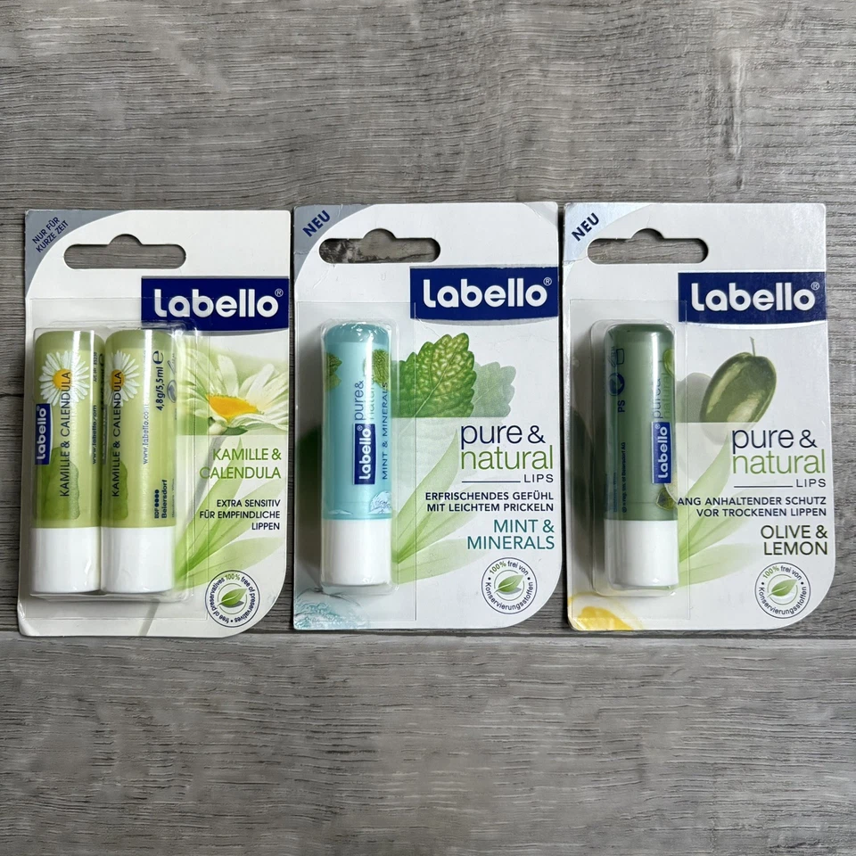 Labello 3 x Pure & Natural Kamille Olive & Lemon Mint Neu Auflösung Sammlung - Bild 1 von 1