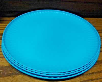Mainstays TEAL 4pc Plastic Dinner Plates-10.5” Round-Ribbed Border Camp BBQ  300 - Image 1 of 3