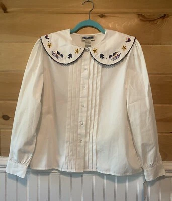 De Colección Bryn Connelly Petites 14 Peter Pan Cuello Bordado Playa Tema Abotonable Foto 1 de 4