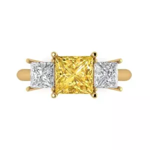 3 ct Princess Cut 3 Stone Yellow Promise Wedding Ring 14k Yellow Solid Gold - Picture 1 of 11