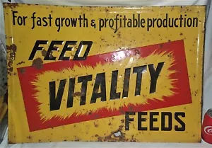 ANTIQUE USA COUNTRY FEED VITALITY FEEDS METAL ART ADVERTISING GENERAL STORE SIGN - Picture 1 of 11