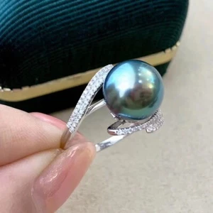 Designer RIESIGER AAAA+10-11mm Südsee Schwarz Grün Rund Perlen Ring 925S - Bild 1 von 5