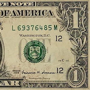 Alter Schein 1999 ausgefallene Seriennummer One Dollar L69376485M 7-stellig kaputte Leiter - Bild 1 von 8
