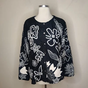 Laura Ashley Embroidered Lace Top Women's Large Button Front Black White - Picture 1 of 11
