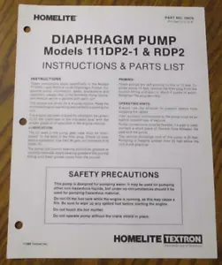 Homelite 11DP2-1 RDP2 Bomba de Diafragma Instructor Lista de Piezas Catálogo Manual Libro 18078 - Imagen 1 de 3