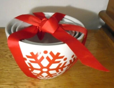Crate & Barrel Snowflake Christmas Bowl Set Holiday 3 Red/White Nesting with Box - Image 1 of 4