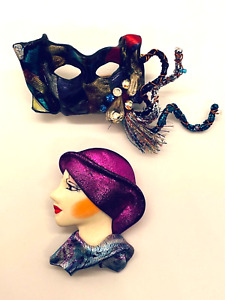 Chic Lady Head & Mask Brooch Pin Figurals Acrylic Purple Hat Ruby Red Lips