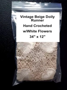 Vintage Beige Doily Runner - Hand Crocheted - w/White Flowers - 34" x 12" - Picture 1 of 6