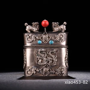 4.4" old China antique silver Inlaid gems unicorn box - Picture 1 of 9