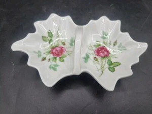 VINTAGE MITTERTEICH BAVARIA LEAF SHAPED TRINKET DISH PINK ROSES CANDY DISH - Picture 1 of 5