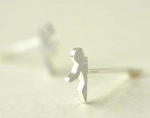 925 Solid Sterling Silver Ear Studs Earrings Assymetric Running Man - Picture 1 of 6