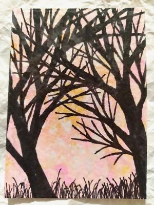 Original ACEO Pink Orange Sky w/ Black Trees Abstract Fantasy Outsider Art OOAK - Image 1 of 3
