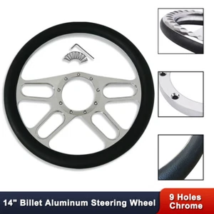 14" Chrome Billet Aluminum New Age Steering Wheel 9 Holes W/ Half Wrap Leather - Picture 1 of 6