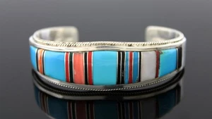 Sheryl Martinez Navajo Native American Sterling Silver Inlaid Stone Cuff Bracele - Picture 1 of 9