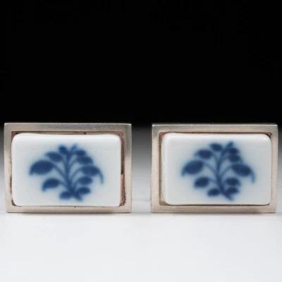 Gemelos Royal Copenhagen plata 925 pintados a mano porcelana blanca danesa para hombre Foto 1 de 4