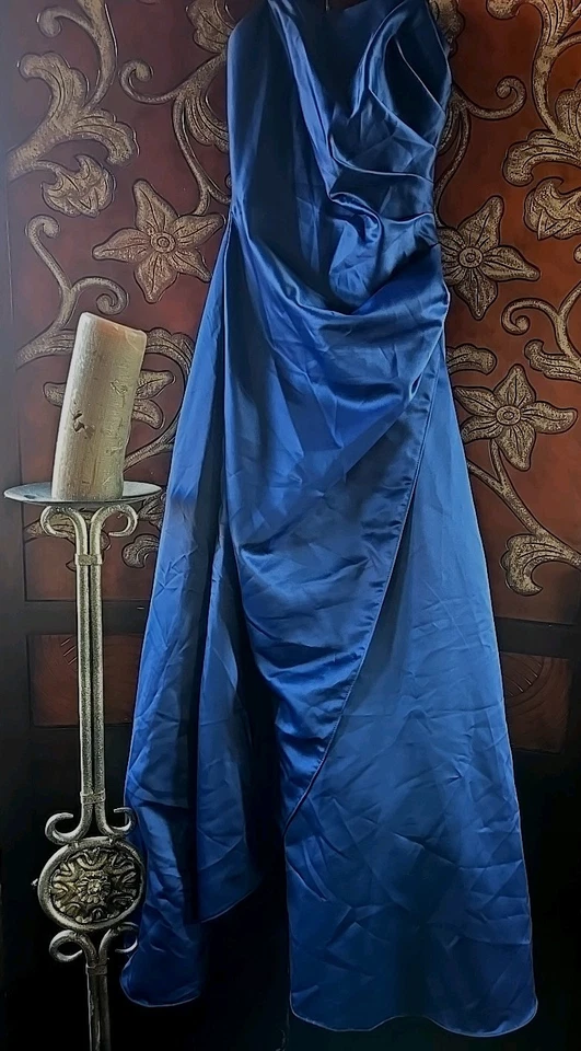 Urban Girl Nites Size 7 / 8 Blue Satin Long Dress Gown Strapless Ruched Fabric - Image 1 of 4