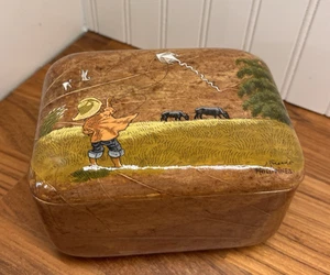 Vintage Decoupage Leaves Trinket Box Hinged Lid 5" x 7” Boy with Kite Signed - Picture 1 of 10
