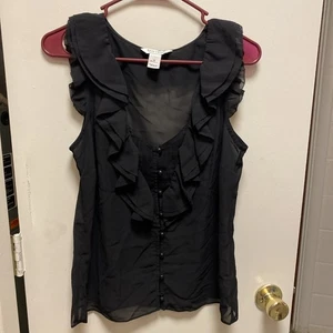 Camiseta White House Black Market Top Negro Transparente con Volantes Talla Pequeña - Imagen 1 de 10