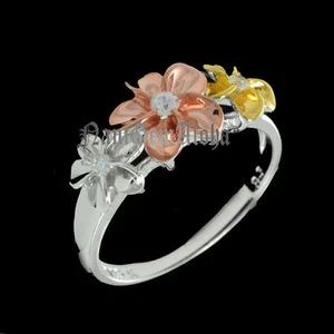 Hawaiian Ring 6-8-6mm Plumeria Flower Tri Color WG-PG-YG 925 Sterling Silver - Picture 1 of 2