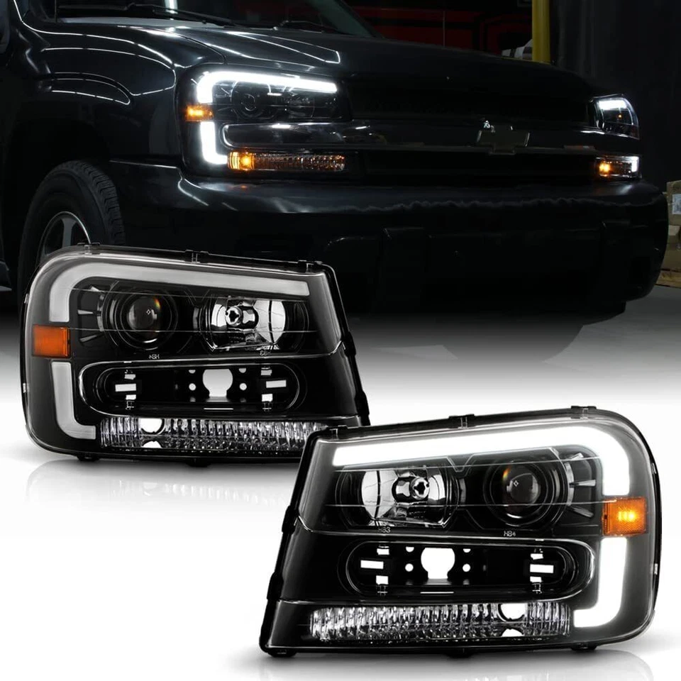 2002-2009 Chevy Trailblazer Black LED Tube Projector Headlights Pair Left+Right - Image 1 of 4