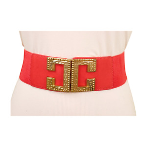 Women Coral Exotic Color Elastic Wide Band Fashion Belt Gold Metal C Buckle S M