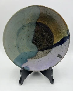 Glasierte Keramik Fußschale 9 3/4" türkis lila braun signiert & datiert 1969 - Bild 1 von 4