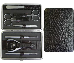 RICHARD JÄGER 7-tlg. Manicure Set Maniküre-Etui Herren KROKOPRÄGUNG Leder INOX - Bild 1 von 5