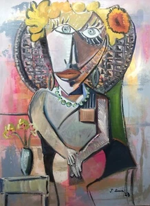 JOSE LIMA ACRYLIC OIL PAINTING ABSTRACT CUBISM COLLECTIBLE LARGE 30x40”FLOWERS - Picture 1 of 3