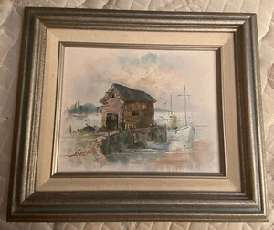 Vintage Signed A. Simpson Oil Painting Canvas Boat Old Sea Fishing Dock Cabin - Picture 1 of 6