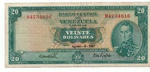 Venezuela ... P-46a ... 20 Bolivares ... August-8-1967 ... *VF*... Prefix "H4" - Picture 1 of 2