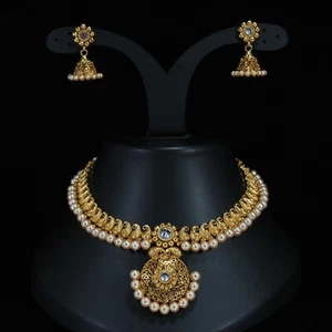 Bollywood Ethnic Golden Copper Necklace Set Wedding Traditional Kundan Jewelry - Picture 1 of 4