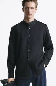Zara Men Slim Fit XL Band Collar Long sleeve button Black Shirt Cotton Textured - Picture 1 of 9