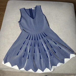 Milly Directional Stripe Fit Flare Flounce Dress Womens M Sleeveless White Blue - Picture 1 of 13