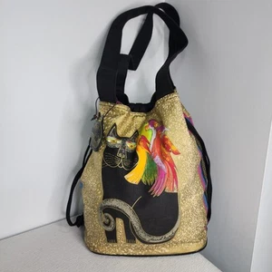 Laurel Burch Tasche Katze Papagei Canvas Kordelzug - Bild 1 von 18