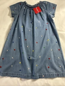 Hanna Anderson Blue Denim Dress Embroidered Flowers Short Sleeves Girls 8 Lined - Picture 1 of 13