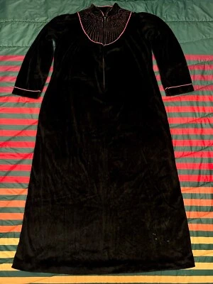 Vintage 60s Victorian Gothic Embroidered Velour Nightgown Dress w Pocket Sz M/L - Image 1 of 4